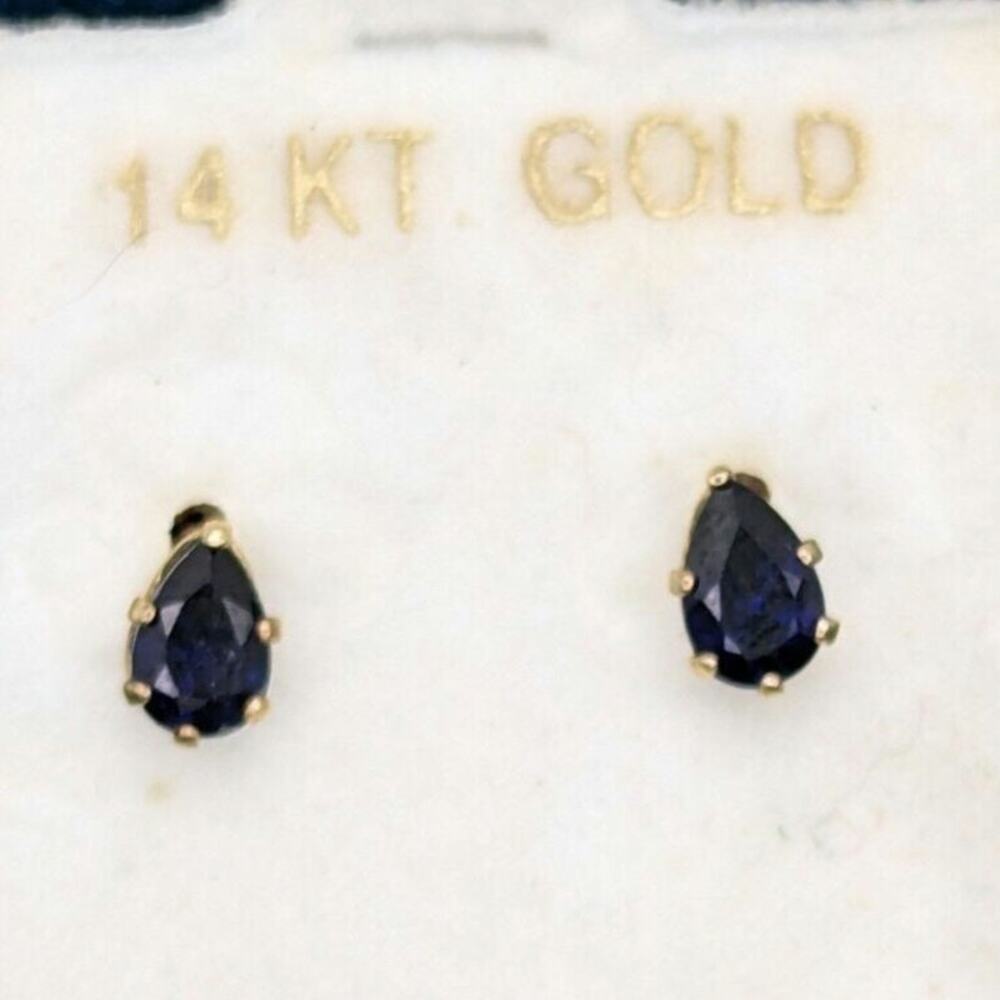 14k Yellow Gold Faceted Blue Sapphire Earrings 1/4" Stud Teardrop Dainty Estate